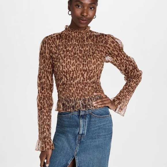 Free People Tops - FREE PEOPLE Smocked HELLO THERE Mesh Top Leopard Cheetah Mock Neck Size Small